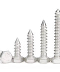 Quarter Inch By One And A Half Inch Hex Head Lag Screws In 304 Stainless Steel For Wood Construction Pack Of Twenty Heavy Duty Hex Lag Screws Corrosion Resistant For Outdoor Use And Heavy Duty Construction Projects displayed on white.