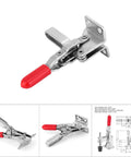 Heavy Duty Quick Release Toggle Clamp 304 Stainless Steel With Rubber Gripping Bar And 4-Hole Base For Workholding Fixture And Mechanical Clamping, 60 Kg Capacity For Welding Machining And Toolmaking Pro Grade, shown with red rubber handle and detailed design schematics.