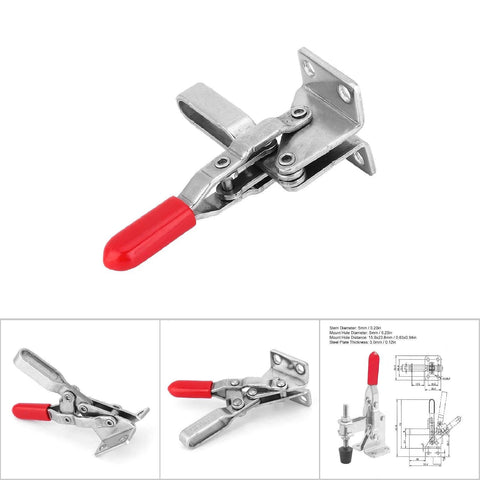 Heavy Duty Quick Release Toggle Clamp 304 Stainless Steel With Rubber Gripping Bar And 4-Hole Base For Workholding Fixture And Mechanical Clamping, 60 Kg Capacity For Welding Machining And Toolmaking Pro Grade, shown with red rubber handle and detailed design schematics.