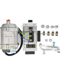 Premium 24V AC Electric Compressor Kit For Cars Trucks And Heavy Vans Easy Drop In Install with compressor, electrical harness, and fittings.