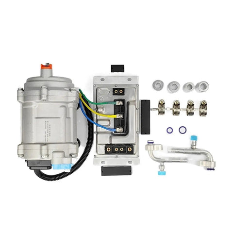 Premium 24V AC Electric Compressor Kit For Cars Trucks And Heavy Vans Easy Drop In Install with compressor, electrical harness, and fittings.