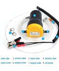 Versatile 12V 60W Fluid Extractor Pump For Cars And Boats With Matching Tubes To Suck Oil, Gasoline, Or Water Fast From Your Engine Bay For Quick Outdoor Maintenance Work Today, shown with tubes and clips.