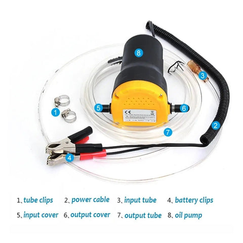 Versatile 12V 60W Fluid Extractor Pump For Cars And Boats With Matching Tubes To Suck Oil, Gasoline, Or Water Fast From Your Engine Bay For Quick Outdoor Maintenance Work Today, shown with tubes and clips.