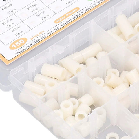 Round Nylon Standoff And Spacer Kit For PCB Board Mounting And Electrical Insulation In A Durable Storage Container, 150 Piece nylon spacers in organizer box