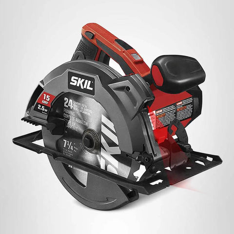 SKIL 7-1/4 in circular saw with single-beam laser guide, angled side view, red/gray, 15A
