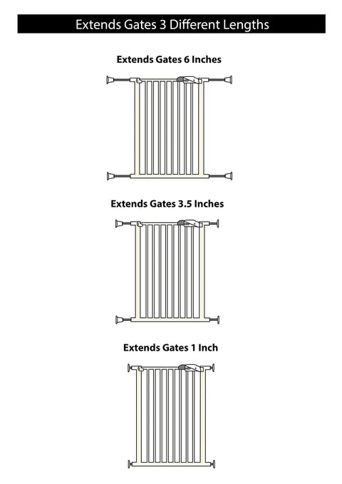Diagram of gate extensions showing 6 Inch Gate Extension Guard For Child And Pet Gates That Adds 3 Inches Per Side at varying lengths.