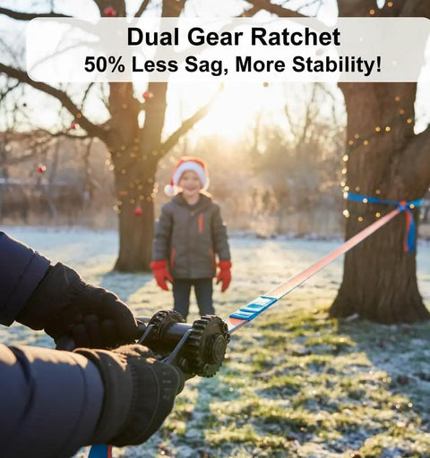 Person setting up Ultimate 70 Foot Slackline Kit With Training Line For Backyard Fun Dual Gear Ratchet Heavy Duty 440lbs.