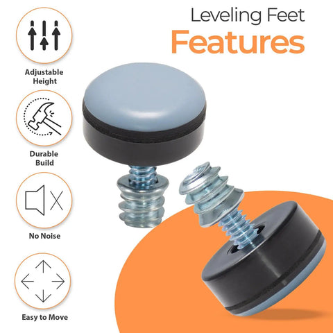 Close-up of 1/4-20 Leveling Feet With PTFE Bottom, 1 Inch Base, Smooth Gliding Furniture Levelers For Tables, Chairs And Legs, Adjustable Stabilizers To Protect Floors And Keep Even Surfaces, 16 Pack with features icons.