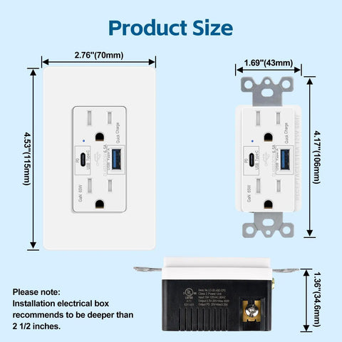 Blazing Fast GaN Tech 65W USB C Wall Outlet Receptacle 10 Pack With PD 3.0 Quick Charge dimensions with specifications.