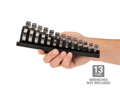 Person holding 13-Tool 3/8 Inch Drive Crowfoot Wrench Organizer Rack For 5/16 To 1 Inch Wrenches, 13 Custom-Fit Slots With Size Markings.