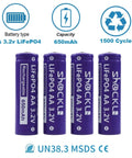 4 Pack AA 3.2V LiFePo4 650mAh Solar Rechargeable Batteries for Garden Lights, safe lithium iron phosphate cells shown