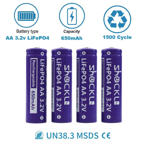 4 Pack AA 3.2V LiFePo4 650mAh Solar Rechargeable Batteries for Garden Lights, safe lithium iron phosphate cells shown