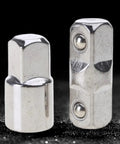 Front view of two chrome URTERYSER socket adapter sleeves with hex ends for 3/8 inch sockets