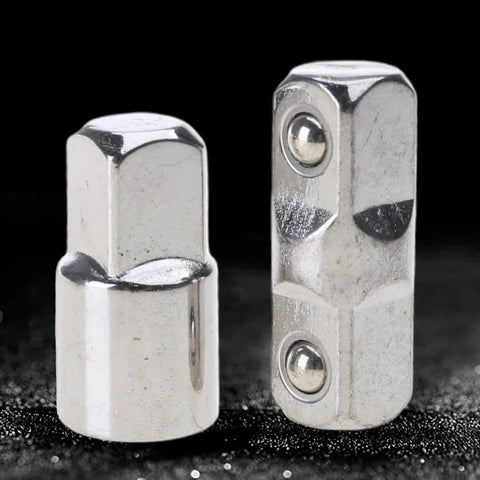 Front view of two chrome URTERYSER socket adapter sleeves with hex ends for 3/8 inch sockets