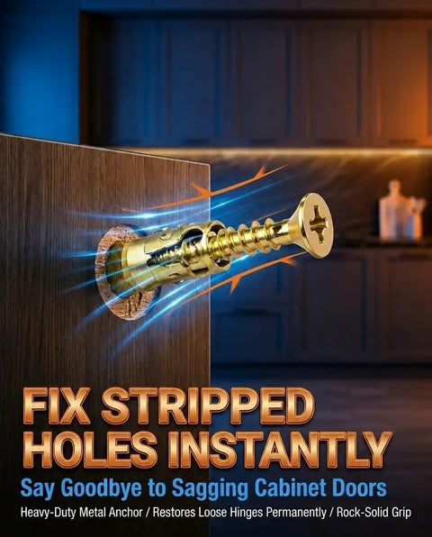 Expansion Hinge Repair Anchor Set For Cabinets And Doors, 6x14mm Short, shown fixing stripped wood cabinet hinge