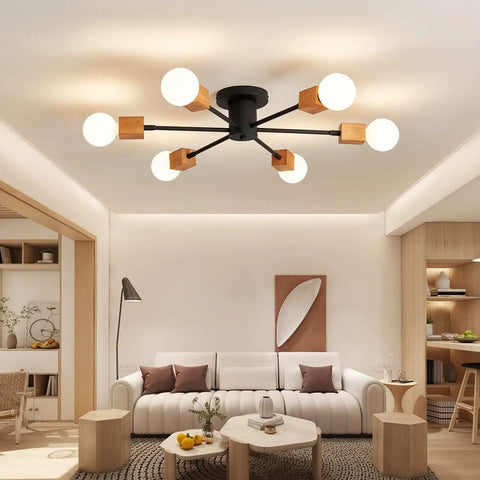 Rustic Wood Sputnik Ceiling Light Fixture With 6 Lights Semi Flush Mount Oak And Black Finish E26 Farmhouse Chandelier