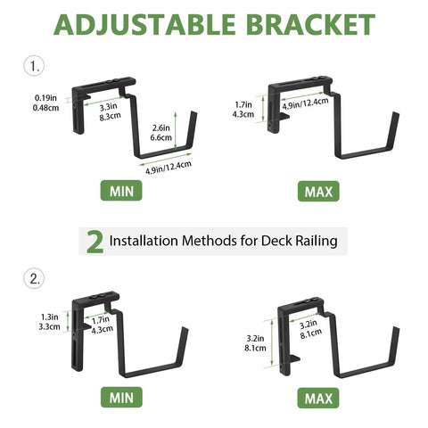 Adjustable bracket diagram for Railing Planter Box Kit 4 Pack With Adjustable Brackets 17 Inch Hanging Planters For Outdoor Plants No Fuss Balcony Fence Deck Rail Porch Over Rail Black Garden Flower Boxes.