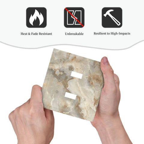 Light Slate Marble Pattern Double Toggle Switch Plates Decorative Outlet Cover Wall Faceplate With Premium Dual Gang Design being held.