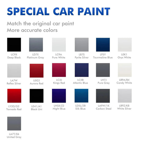 Special car paint color chart with color-matched options including United Gray LA7T for Volkswagen.