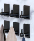 Heavy Duty Black Adhesive Hooks 6 Pack Wall Mount Hangers for Coat, Hat, Towel, Robe, Keys, Clothes Durable Aluminum Style