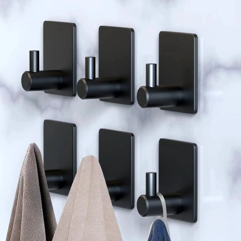 Heavy Duty Black Adhesive Hooks 6 Pack Wall Mount Hangers for Coat, Hat, Towel, Robe, Keys, Clothes Durable Aluminum Style