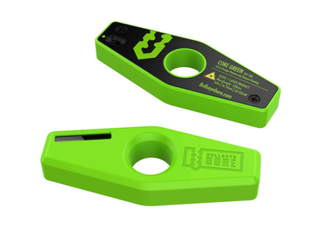 Two Bullseye Bore CG1-101 drill guides, neon-green plastic with circular holes for straight drilling.