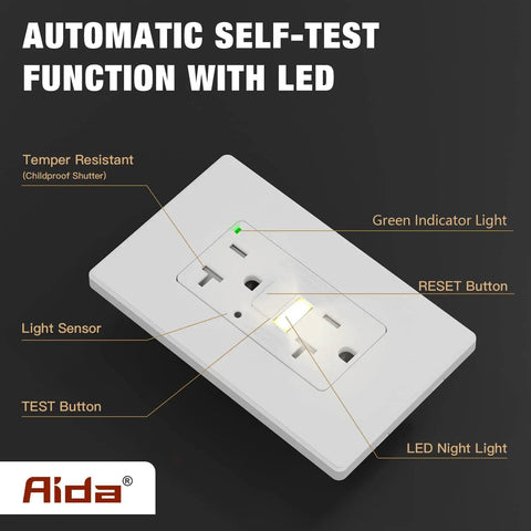 20 Amp GFCI Outlet With Self Test Nightlight, Tamper Resistant Receptacle, LED Indicator, UL Listed, Wall Plate Included, Matte White, 4 Pack front view