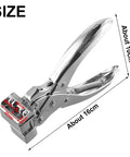 Heavy Duty Zinc Alloy T Slot Puncher Plier for PVC ID Cards Makes Crisp 2mm Holes with measurement detail and shiny finish.