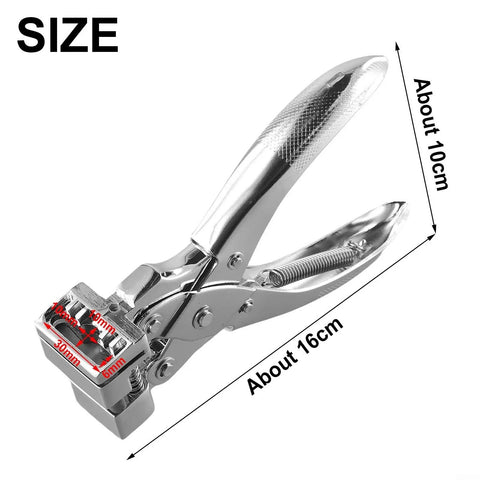 Heavy Duty Zinc Alloy T Slot Puncher Plier for PVC ID Cards Makes Crisp 2mm Holes with measurement detail and shiny finish.