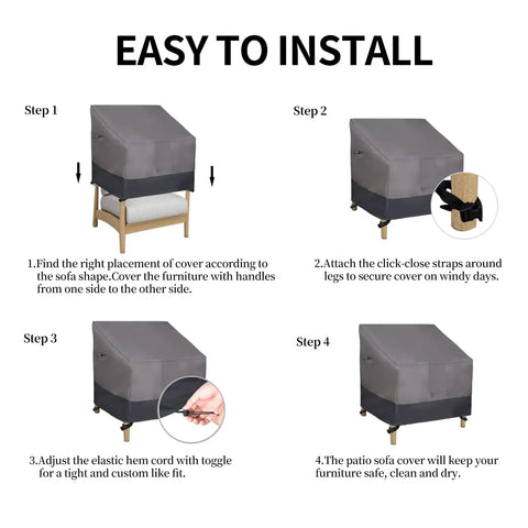 Easy installation steps for Waterproof Outdoor Chair Cover Heavy Duty Patio Chair Cover Windproof With Air Vent 2 Pack 33.5 W X 31.5 D X 36 H Inches Gray Dark Gray All Weather Rugged Outdoor Furniture Protective Cover.