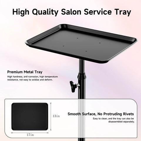 Adjustable Height Rolling Salon Cart With Tray On Durable Wheels For Tattoo Parlors Spas Dental Clinics And Hair Stylists Built From Corrosion Resistant Iron And Aluminum Anti Tip Design Lockable Casters Stable Mobile Workspace Black, shown with a close-up of the smooth black metal tray.