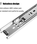 Close-up of full extension drawer slide highlighting noiseless design with anti-collision ABS rubber pad
