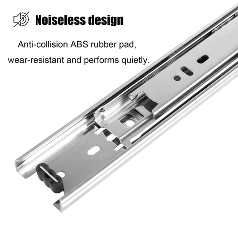 Heavy Duty Twenty Inch Full Extension Side Mount Drawer Slides Ten Pair Pack For Slick Cabinet Gliding With Rock Solid Zinc Coated Steel Body And Hassle Free Install Guide Included, detail of noise-reducing design.