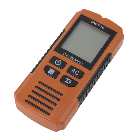 5 in 1 Wall Scanner Stud Finder with Advanced LCD Screen Five Measuring, showing orange handheld device with buttons and display.