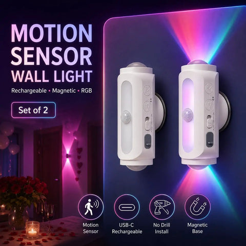 Rechargeable Motion Sensor Wall Lights Peel And Stick Sconces Set Of Two Wireless Magnetic Fixtures with RGB glow for hallways.