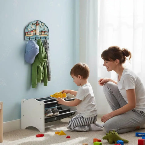 Child and parent organizing shoes under a wall mounted key holder with four hooks, rustic wood key rack with home decoration.
