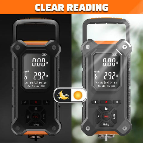 Close-up of Tournament-Ready Digital Fishing Scale With Auto Rank and 8 Storage Slots, showing large backlit LCD display.