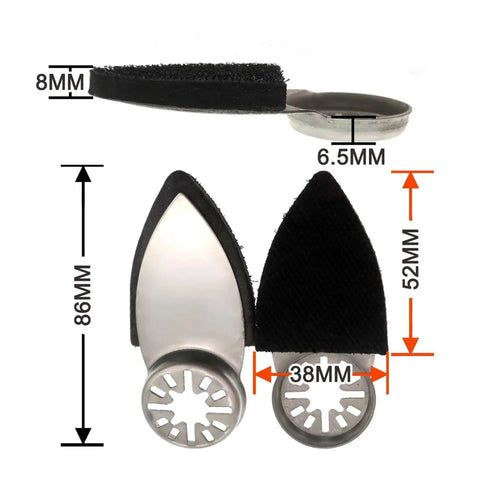 Sanding attachment showing dimensions, featuring hook loop backing for 31 Pack 1.5 Inch Triangle Sanding Discs With Dust Vent Holes And Hook Loop Backing For Fast Detail Sander Work And Smooth Finish.