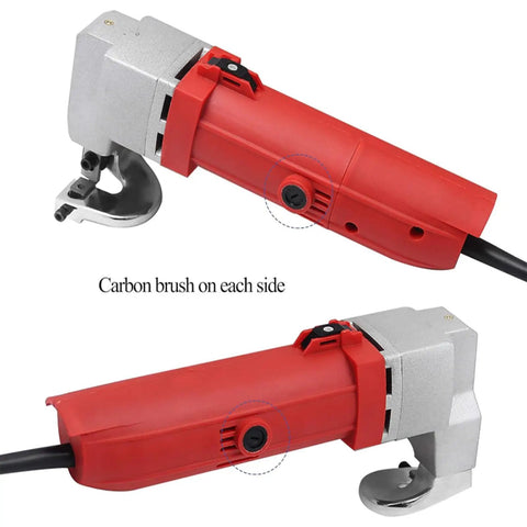 Acivirdde Electric Sheet Metal Shears For Precise Cuts And Heavy-Duty Projects Stainless Steel Construction With All-Copper Motor For Long-Lasting Use In Boat Building Industrial Workshop Applications, close-up of motor and carbon brush.