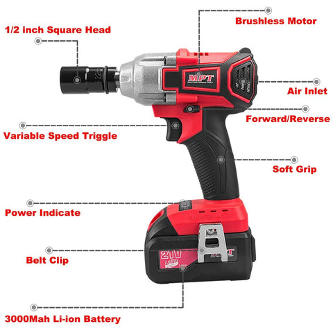 Cordless 21V Half Inch Brushless Impact Wrench With 3.0Ah Battery And Fast Charger, air inlet and variable speed trigger