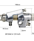 Pro High Vol Low Pressure Paint Sprayer Gun With Industrial Atomization side view showing dimensions and fittings for air connections.
