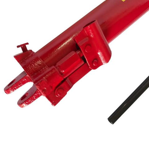 Red 8-ton hydraulic jack long ram with clevis base and black handle