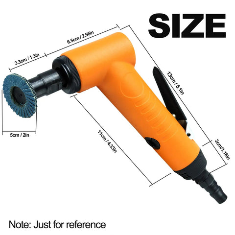 Pro Grade 110 Degree Air Die Grinder 18000 RPM Pneumatic Angle Tool with orange body and disc dimensions for automotive use