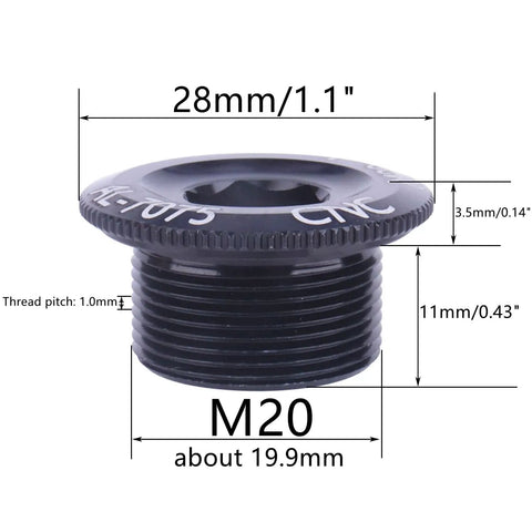 Two Pack M20 Crankset Arm Bolts Aluminum Alloy For Bike Crank Cover Screws Black with dimensions and thread pitch shown