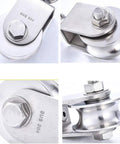 Two Pack Built Tough 304 Stainless Steel Track Pulleys With Rock Solid 360 Degree Swivel Rings And Double Ball Bearings For Smooth Sliding Door Glides On Round Tube Tracks 25 Mm Slot close-up showing bolts and smooth finish.