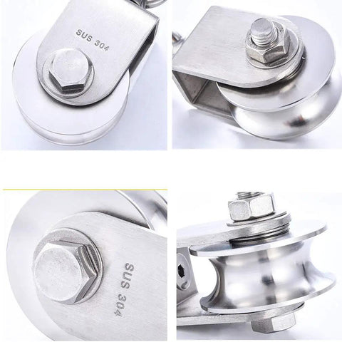 Solid As A Rock Two Pack Stainless Steel Pulley Wheels With U Groove Cut And Double Bearings for sliding door rails and wire rope tracks.