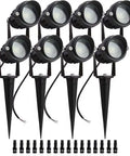 8Pack 5W Low Voltage Landscape Lights With Connectors 24V AC DC LED Spotlight Kit, shown with spiked bases and connectors.