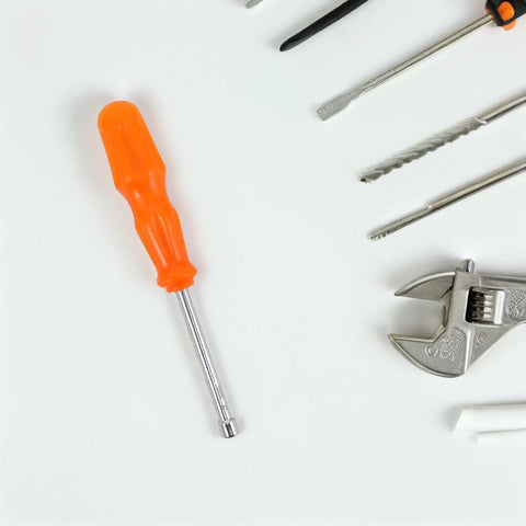 Heavy Duty Hex Socket Screwdriver Wrench With Swappable Bits For Nuts And Bolts on a white background, matte orange handle.