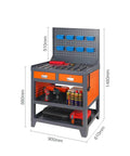 Bolted Down Heavy Duty Steel Workbench Built For Weekend Warrior Garages Or Pro Trade Shops Featuring Wall Pegboard Tool Organization Plus Deep Lockable Drawers For All The Right Gear with organized tools and storage.