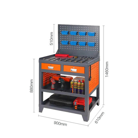 Bolted Down Heavy Duty Steel Workbench Built For Weekend Warrior Garages Or Pro Trade Shops Featuring Wall Pegboard Tool Organization Plus Deep Lockable Drawers For All The Right Gear with organized tools and storage.